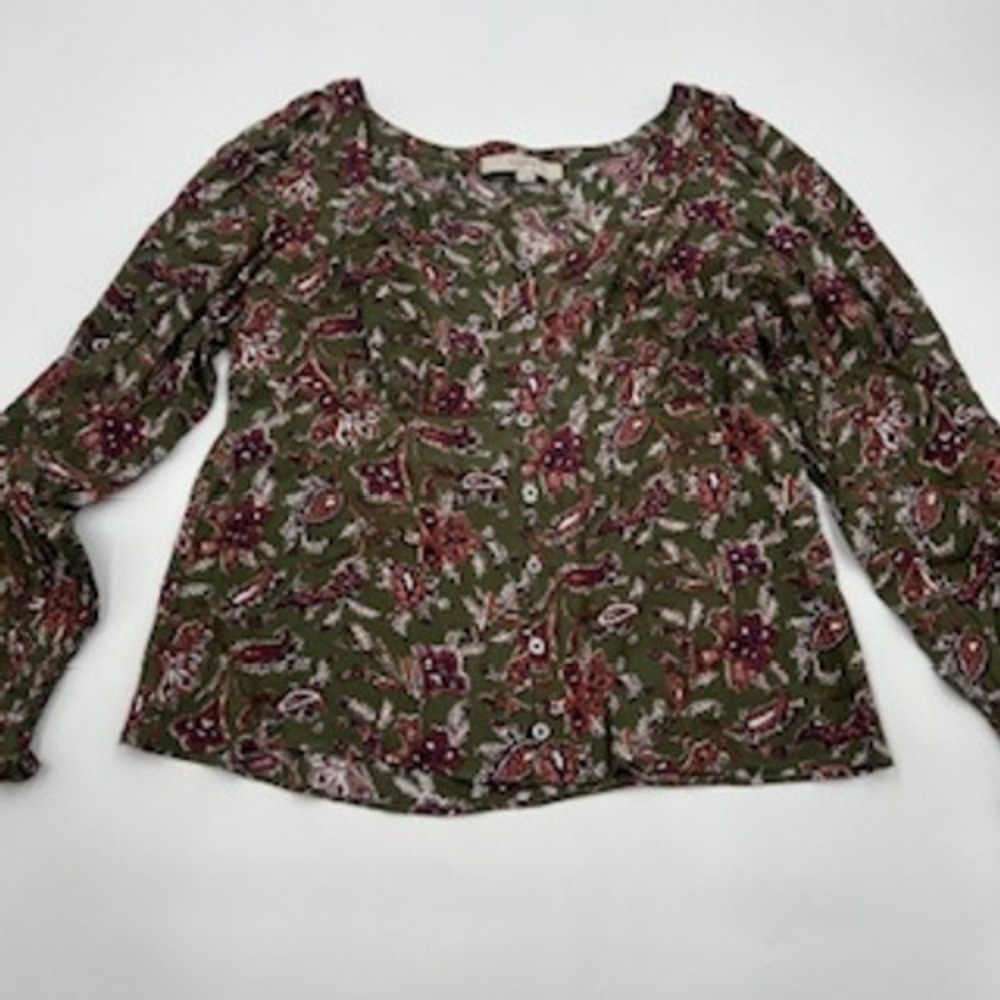 LOFT Olive Green Paisley Floral Button Front Blouse Square Neck Smocked Cuff XS
